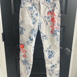 American Vintage High Rise Jeans in Cream with Blue and Red Floral Design